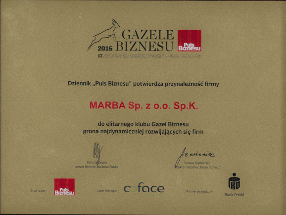 Certyfikat Gazele Biznesu 2016